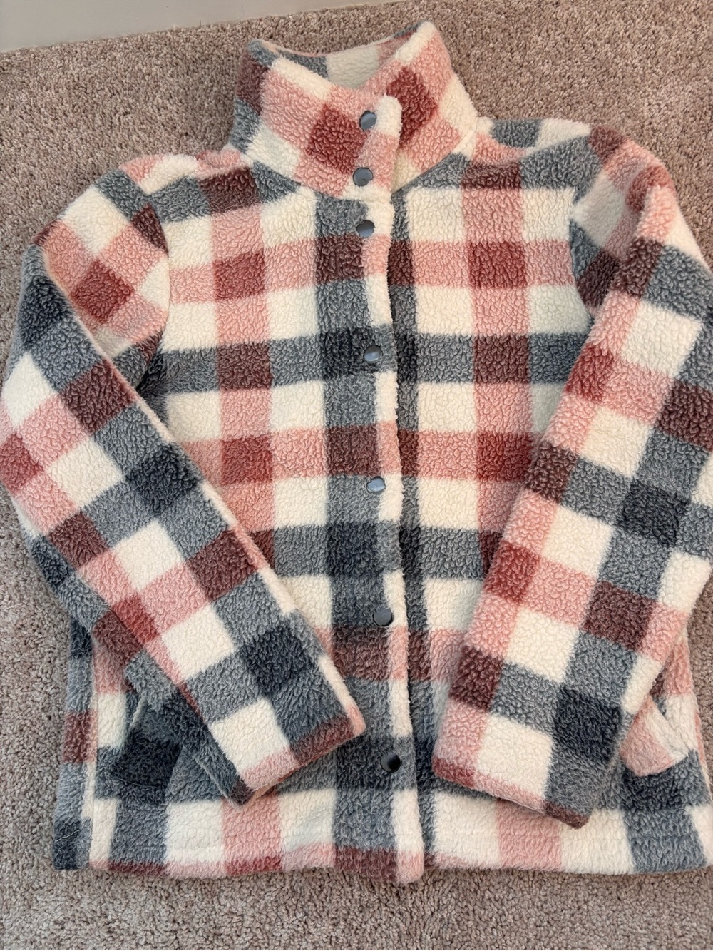 Pink and grey plaid button up fleece